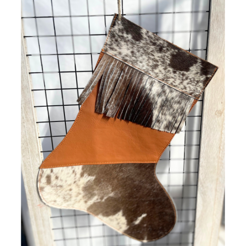 Brown Leather and Cowhide Christmas Stocking with Cowhide Fringe