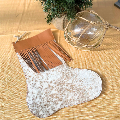 White with Brown Spots Cowhide Christmas Stocking with Brown Leather Fringe