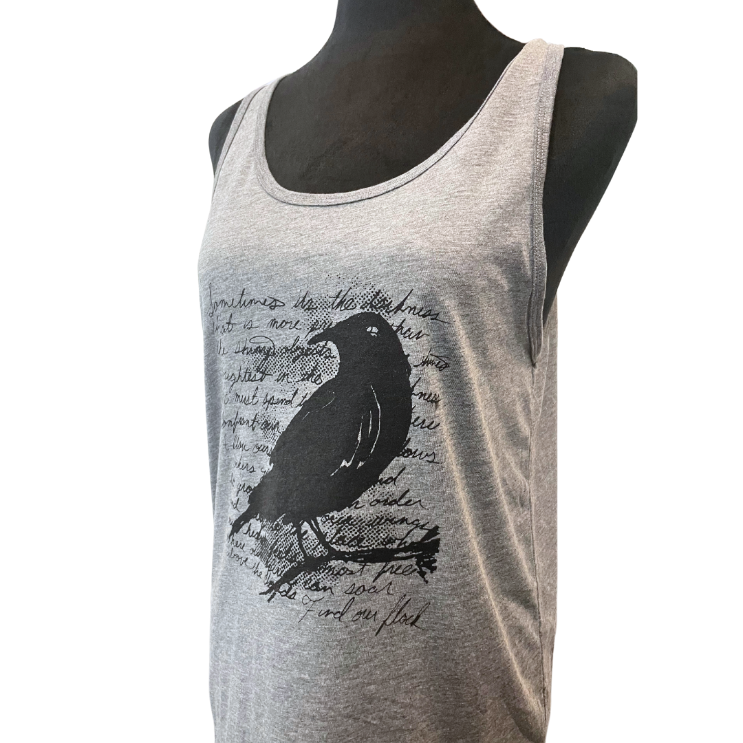 Gray Tank, Sleeveless Shirt with Crow Design