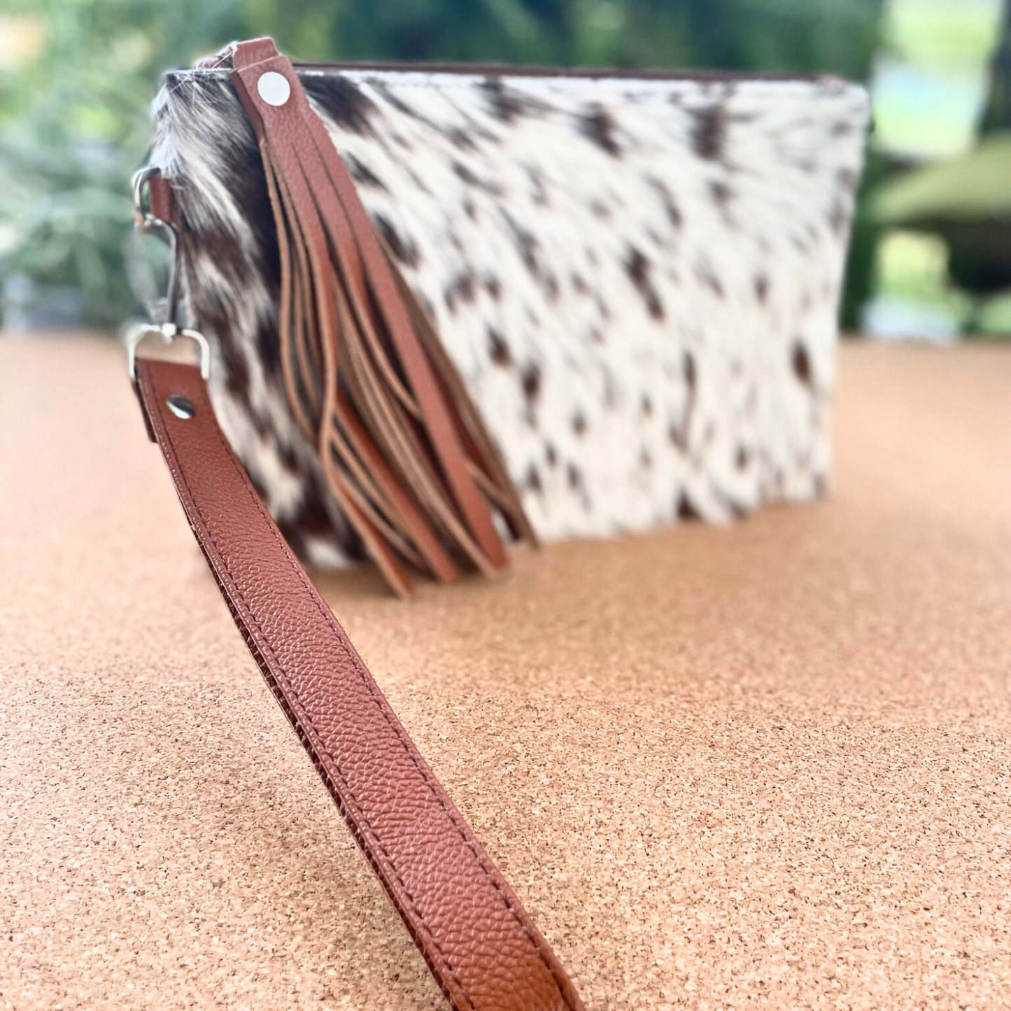 Light Brown and White Fur Cowhide Wristlet Clutch with Tassle,