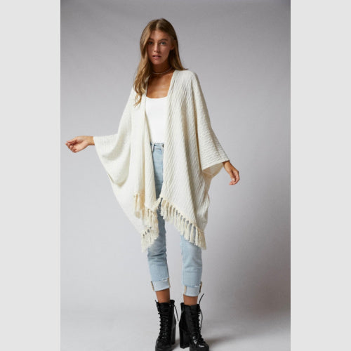 Ivory Fringed Cardigan, 3/4" sleeve