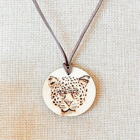 Wooden Leopard Medallion Leather Necklace