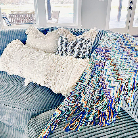 Chevron Lightweight Fringe Blanket-Blue