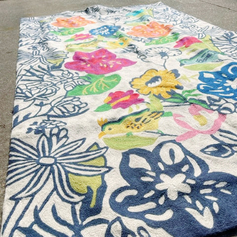 Floral Embroidered Rug with Birds